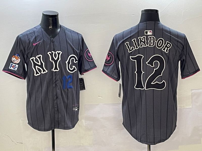 Men New York Mets #12 Lindor Black City Edition 2025 Nike MLB Jersey style 6